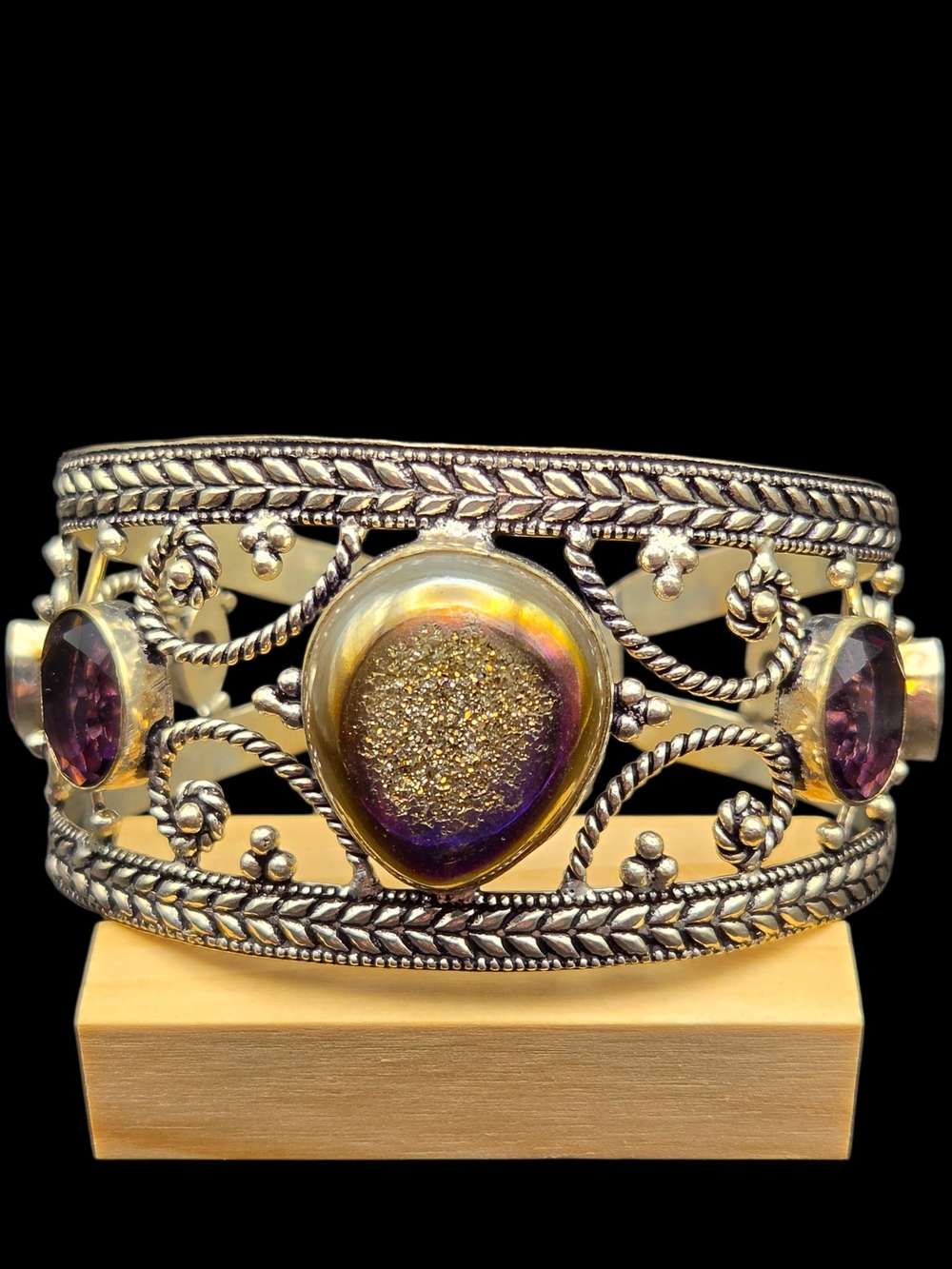 Source Unknown Silver Cuff Bracelet with Purple Druzy and Amethyst Accents